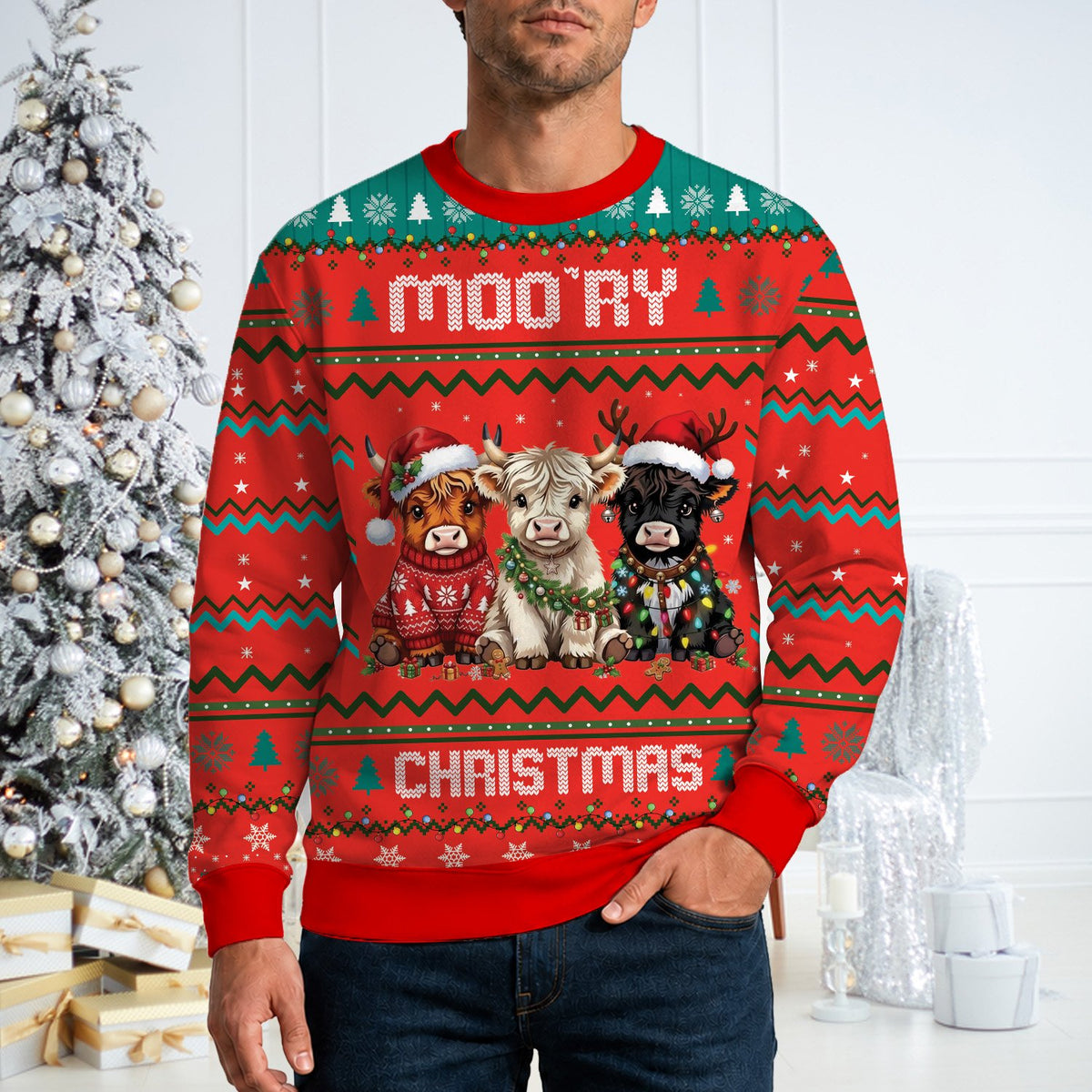 Back view of the highland cow ugly christmas sweater