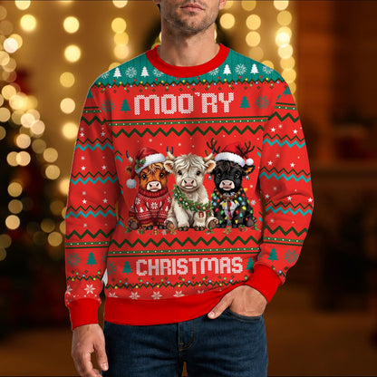 Alternate front view of the highland cow ugly christmas sweater