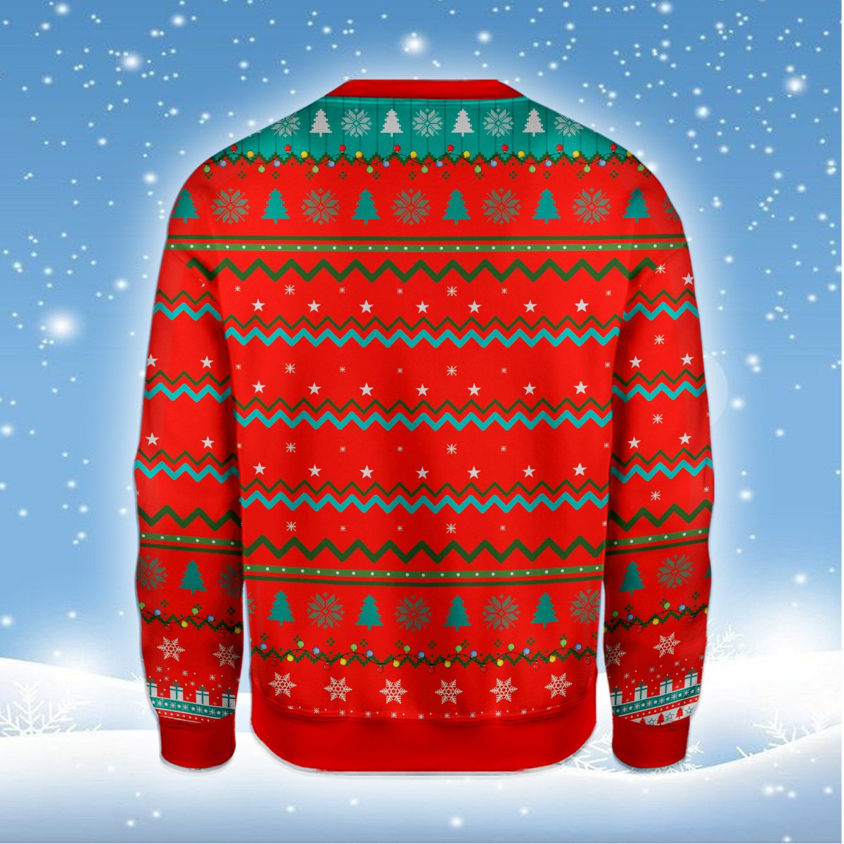 Detailed front view of the highland cow ugly christmas sweater