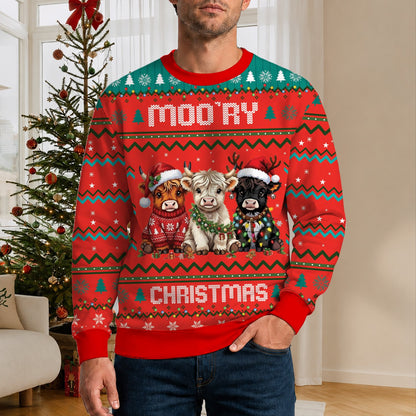 Front view of the highland cow ugly christmas sweater