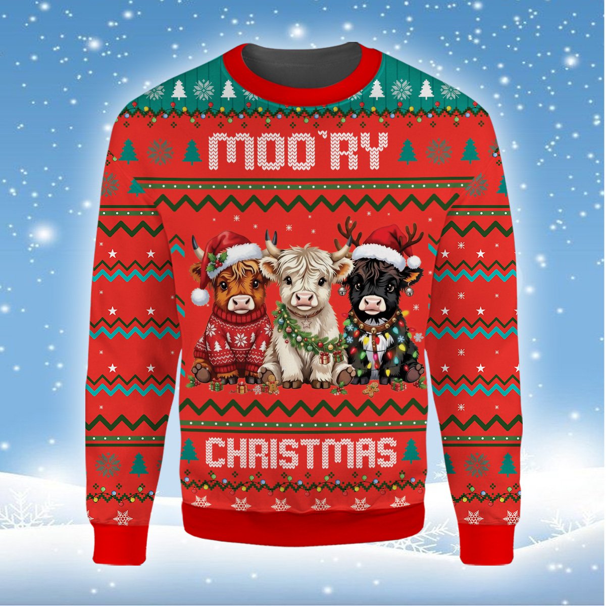 Second lifestyle image of the highland cow ugly christmas sweater
