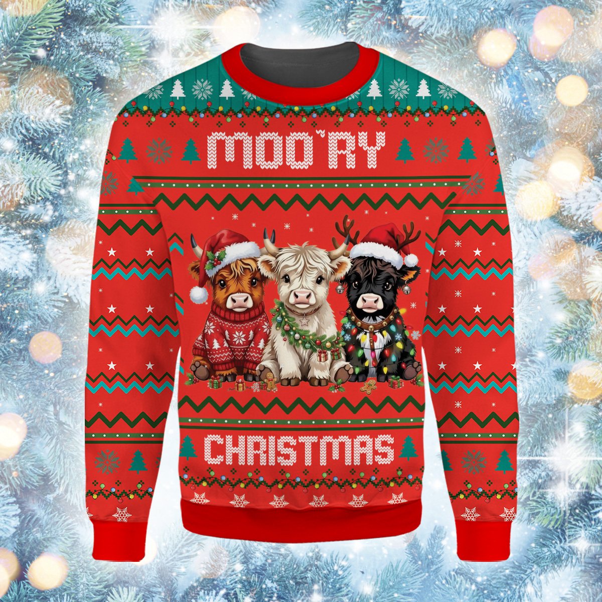 Third lifestyle image of the highland cow ugly christmas sweater
