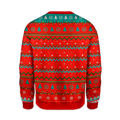 Lifestyle image of the highland cow ugly christmas sweater worn in a holiday setting