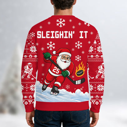 Detailed back view showing the winter holiday pattern on the sweater
