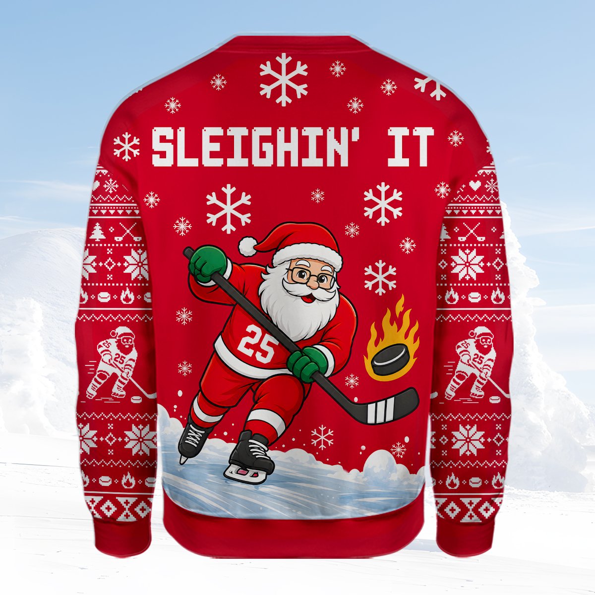 Close-up back view of the red and white polyester ugly sweater material