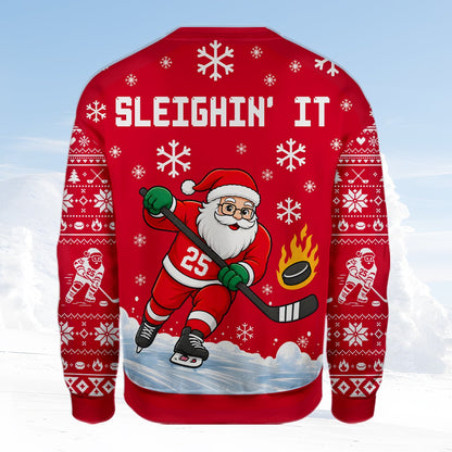 Close-up back view of the red and white polyester ugly sweater material