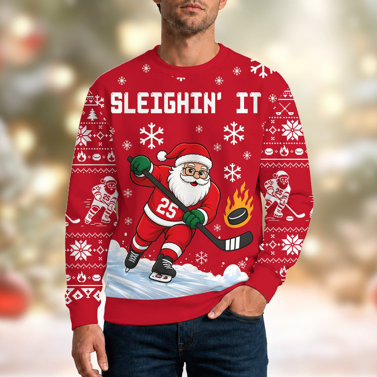 Back view of the red ugly hockey christmas sweater