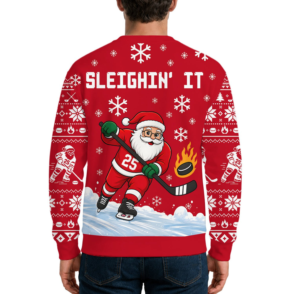 Detailed front view showing snowflakes and geometric shapes on the ugly sweater