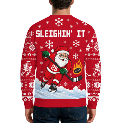 Detailed front view showing snowflakes and geometric shapes on the ugly sweater