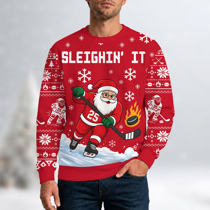 Close-up front view of the Santa Claus hockey graphic on the red sweater