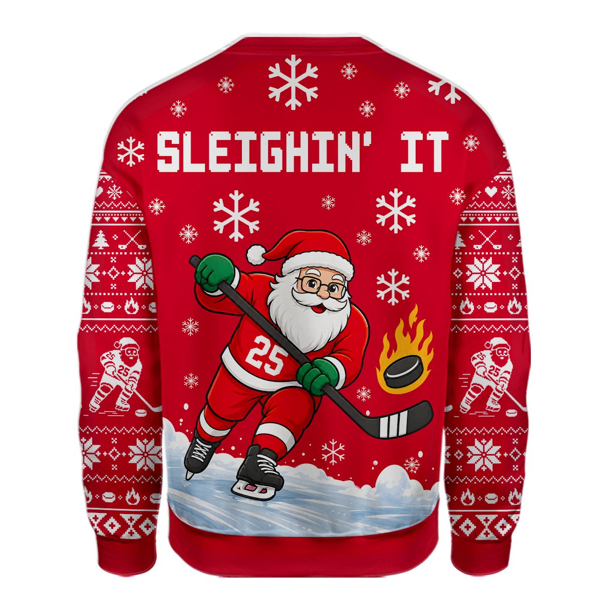 Another front view of the festive hockey themed ugly christmas sweater