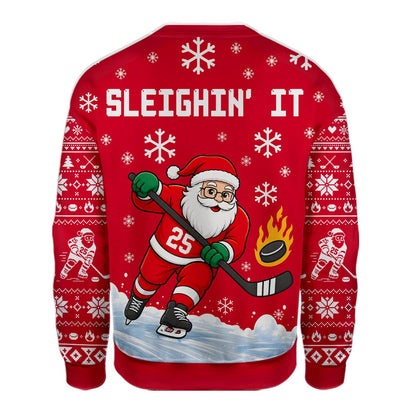 Another front view of the festive hockey themed ugly christmas sweater