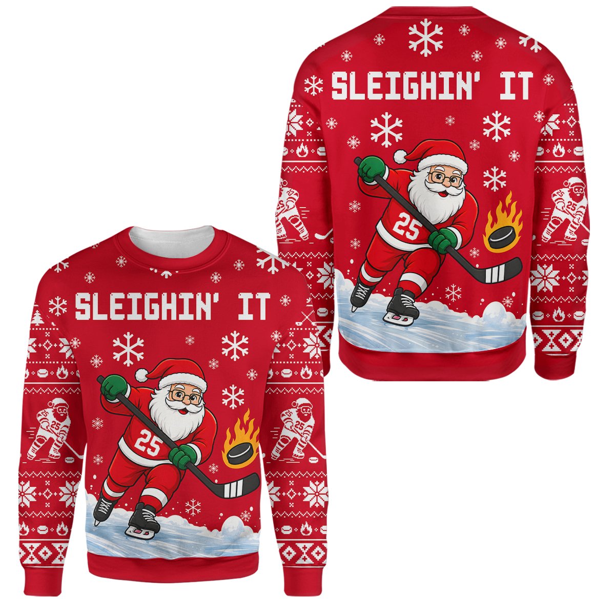 Front view of the red holiday ugly sweater with Santa playing ice hockey