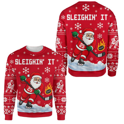 Red ugly christmas hockey sweater featuring Santa Claus and Sleighin' It text, main view