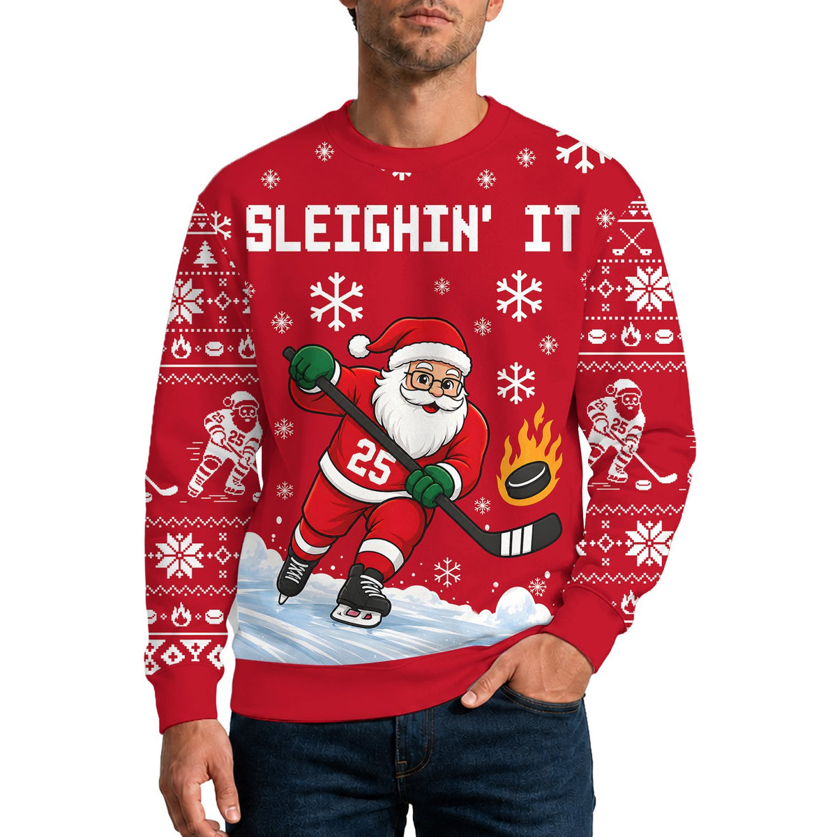 Lifestyle view of someone wearing the red Santa hockey ugly sweater