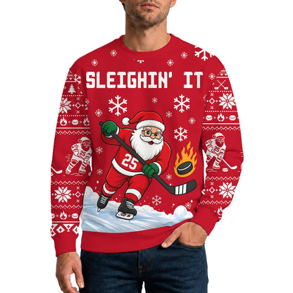 Lifestyle view of someone wearing the red Santa hockey ugly sweater