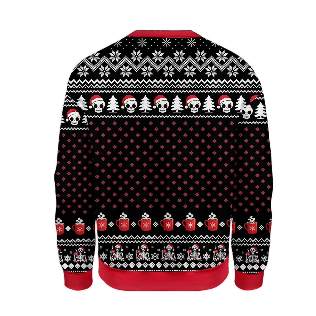 Back view of the black humor ugly sweater with repeating fair isle pattern