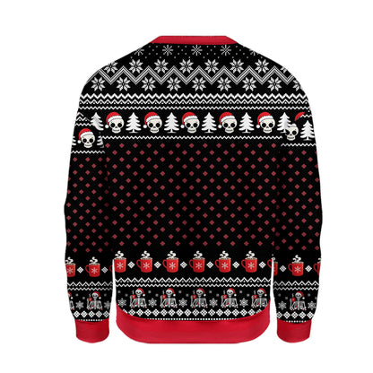 Back view of the black humor ugly sweater with repeating fair isle pattern