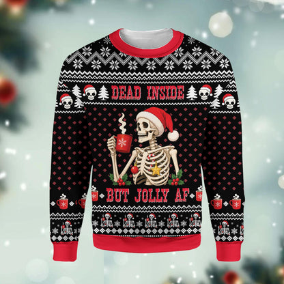 Detailed front view of the Dead Inside But Jolly AF skeleton graphic