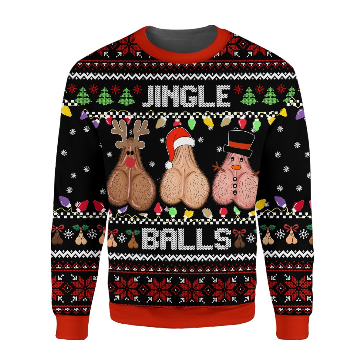 Detailed front view of the humorous holiday ugly sweater design