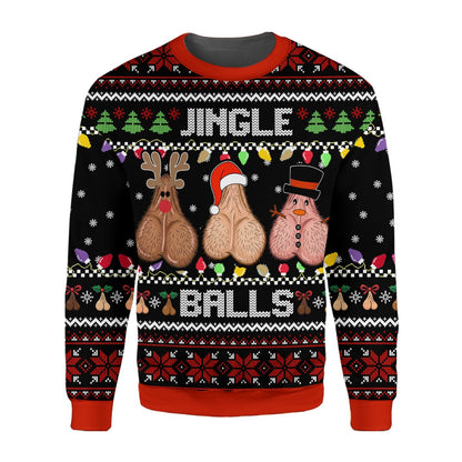 Detailed front view of the humorous holiday ugly sweater design