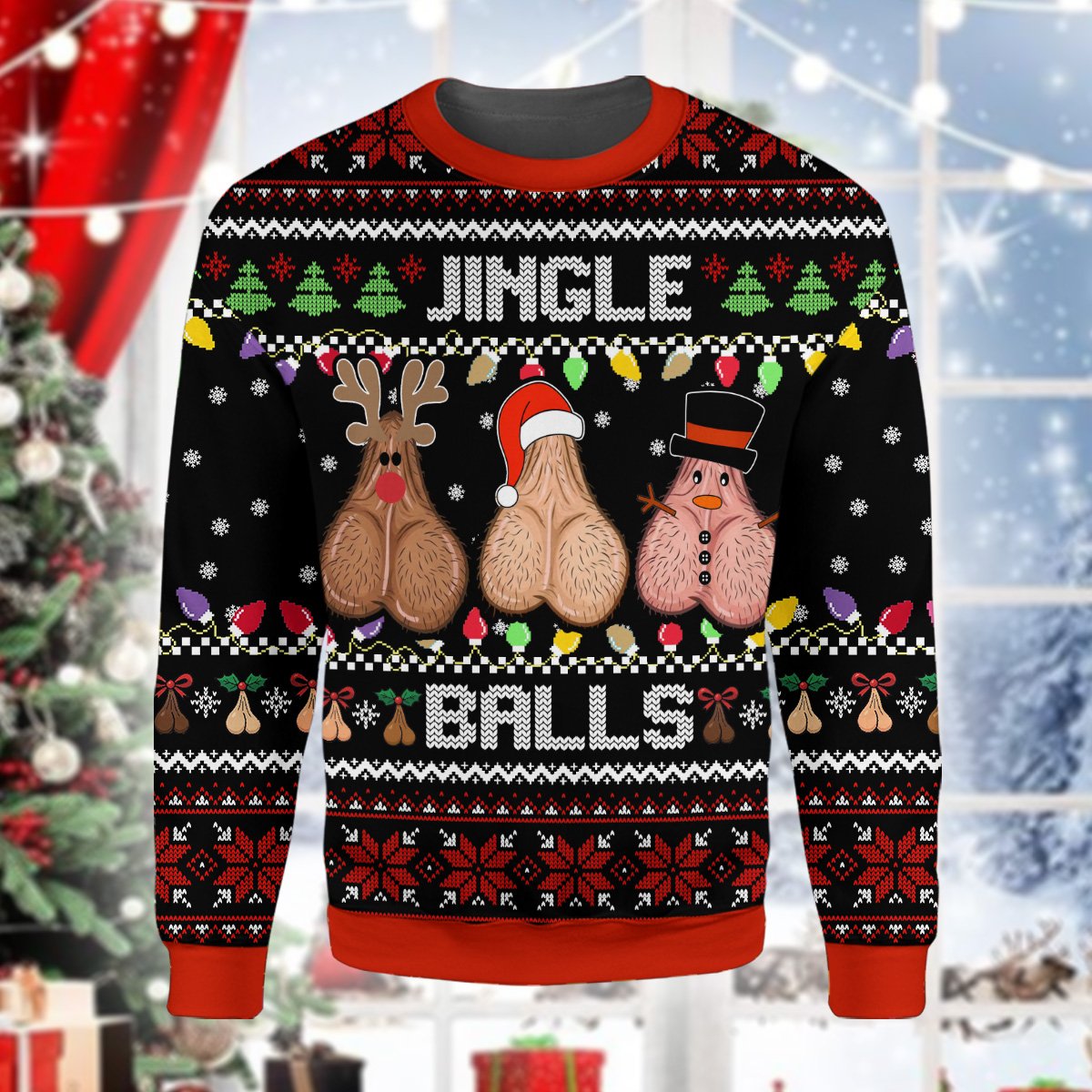 Close-up front view of the Jingle Balls text and fair isle pattern