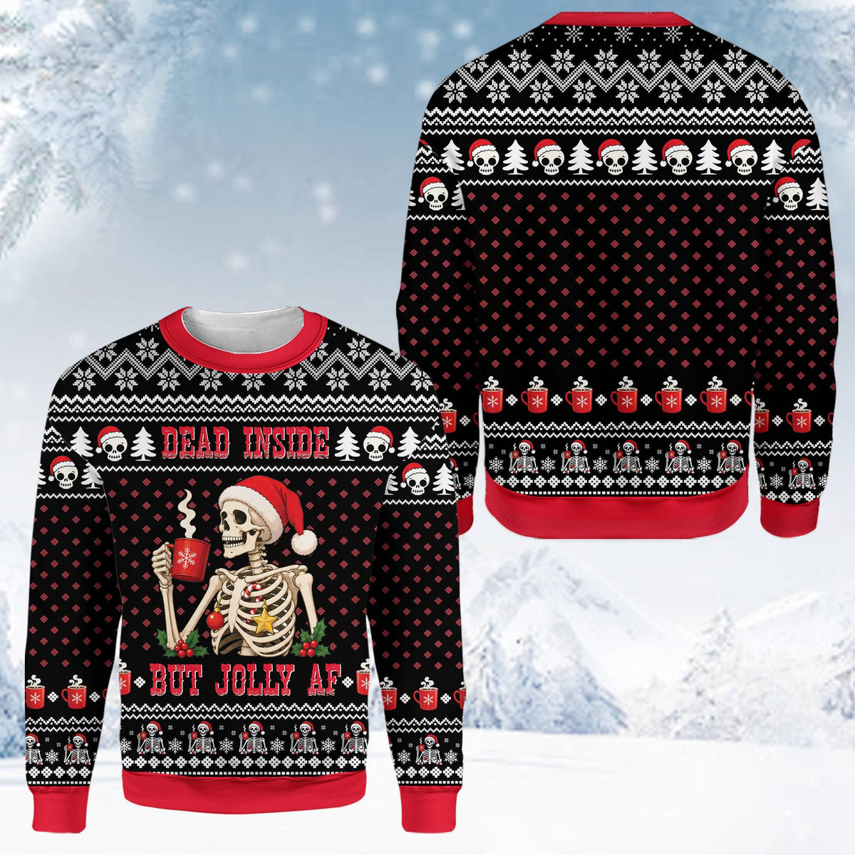 Close-up of the holiday ugly sweater pattern with skulls and trees