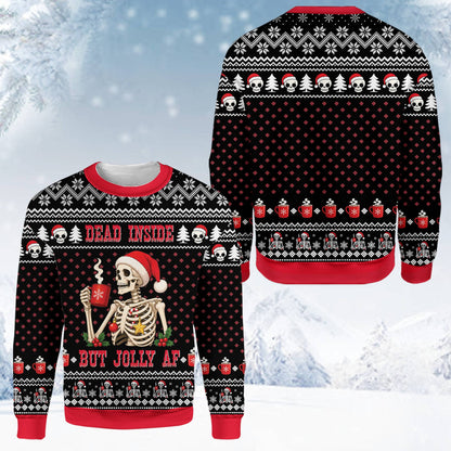 Close-up of the holiday ugly sweater pattern with skulls and trees