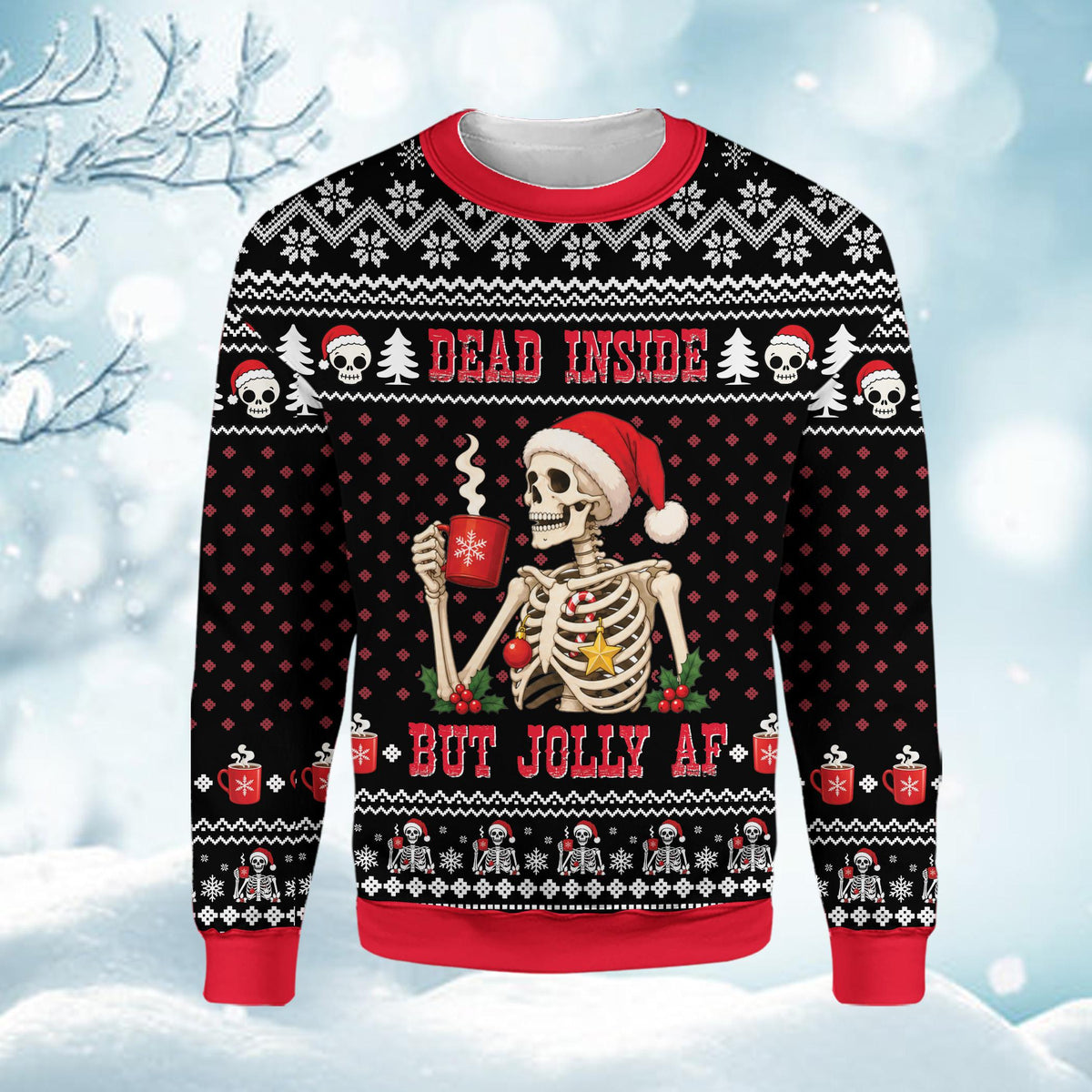 Front view of the black ugly sweater with skeleton and fair isle skull pattern