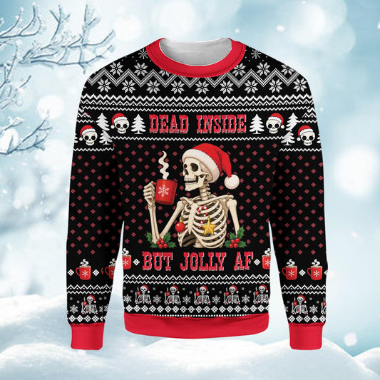 Ugly christmas sweater humor featuring a skeleton with Dead Inside But Jolly AF text, main view