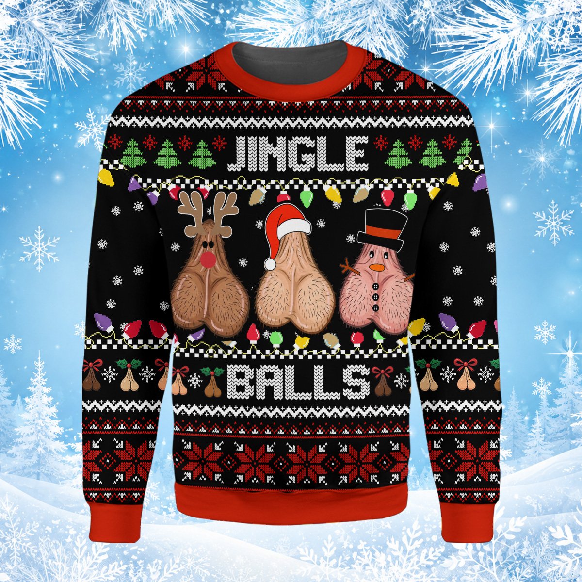Front view of the adult humor ugly christmas sweater with snowman, Santa, and reindeer graphics