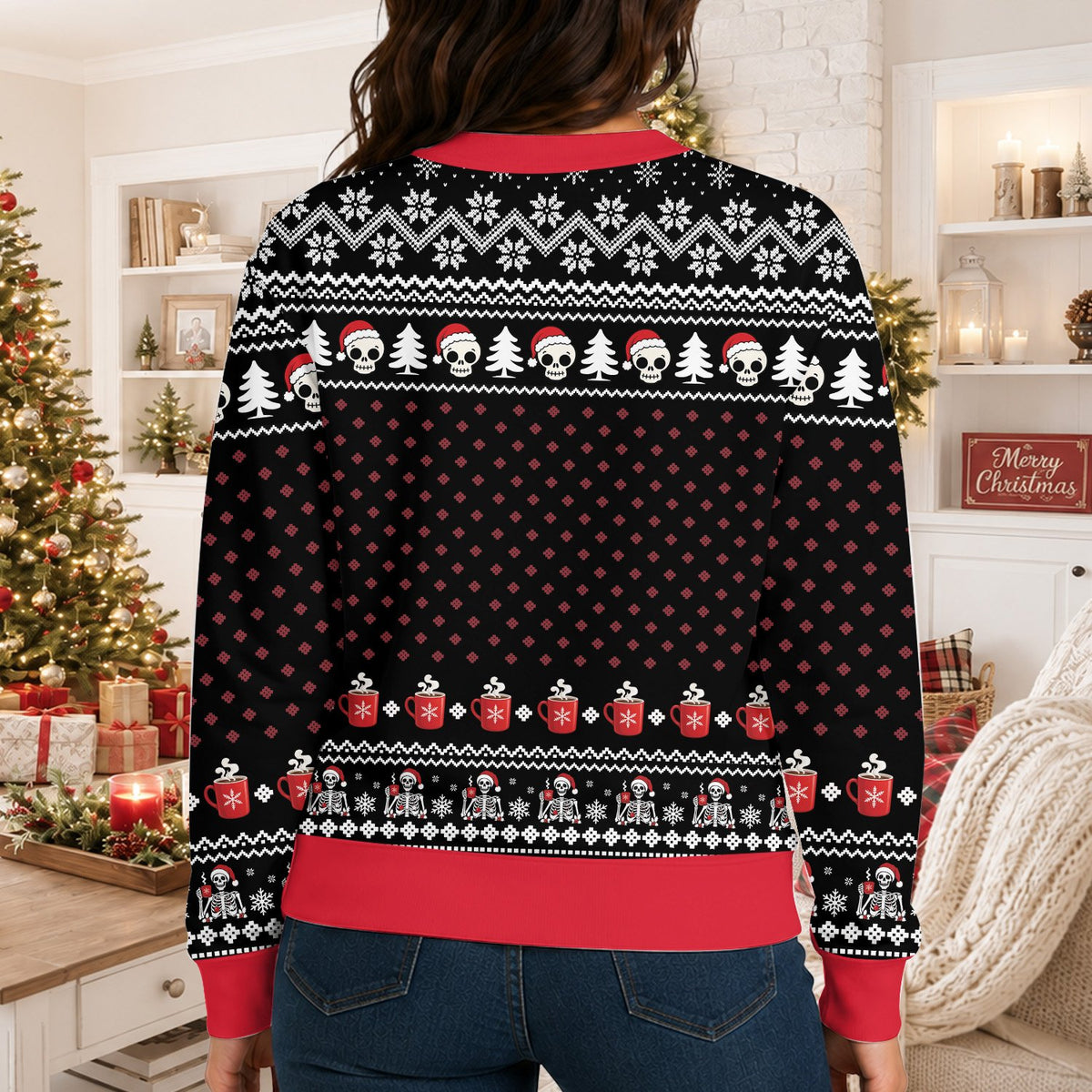 Second lifestyle view showcasing the festive skeleton humor ugly sweater