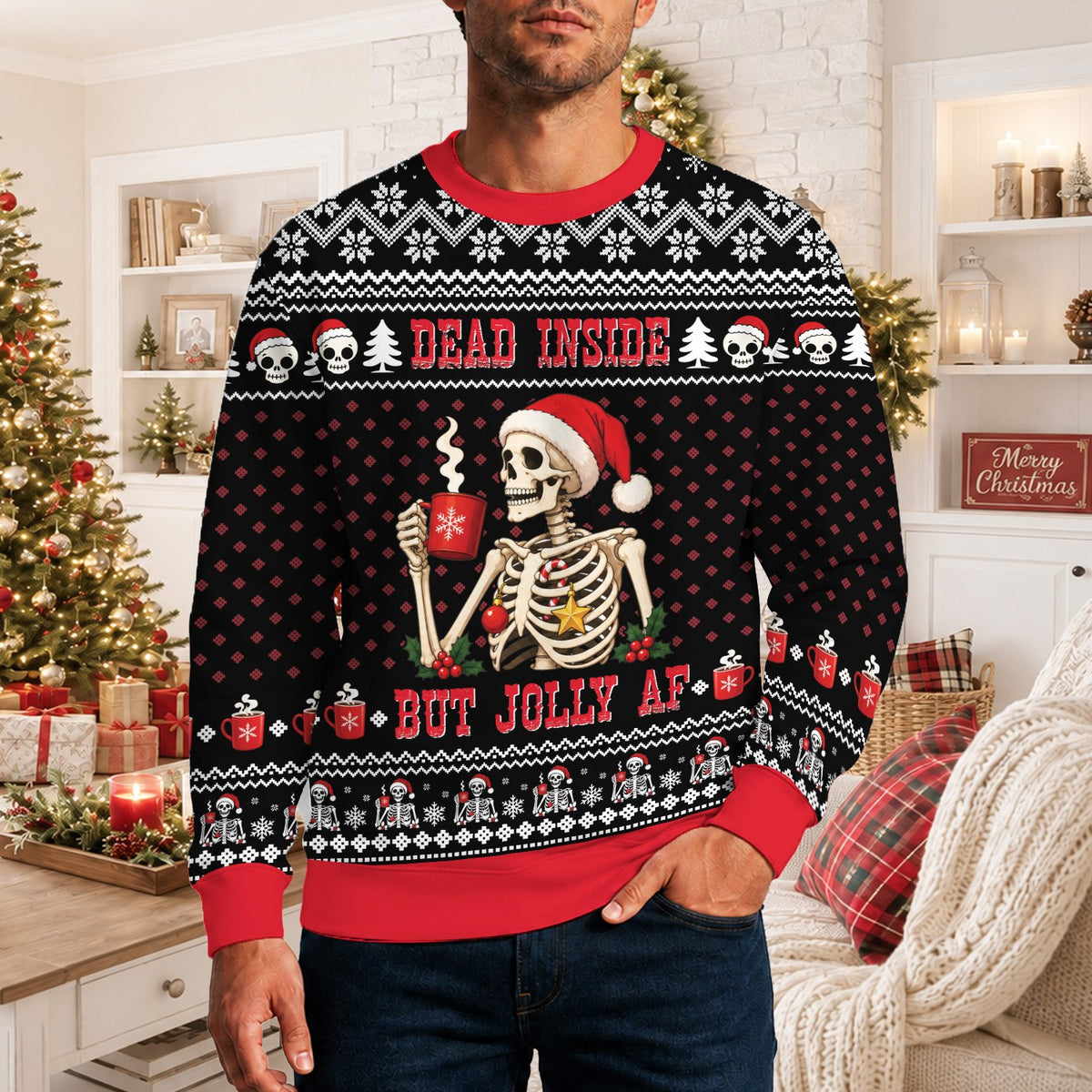 Fourth lifestyle view of the holiday ugly sweater worn outdoors
