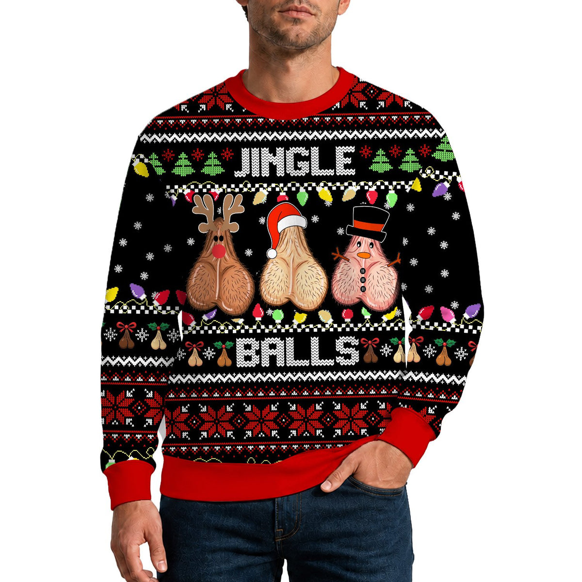 Fourth lifestyle view of the black Jingle Balls sweater