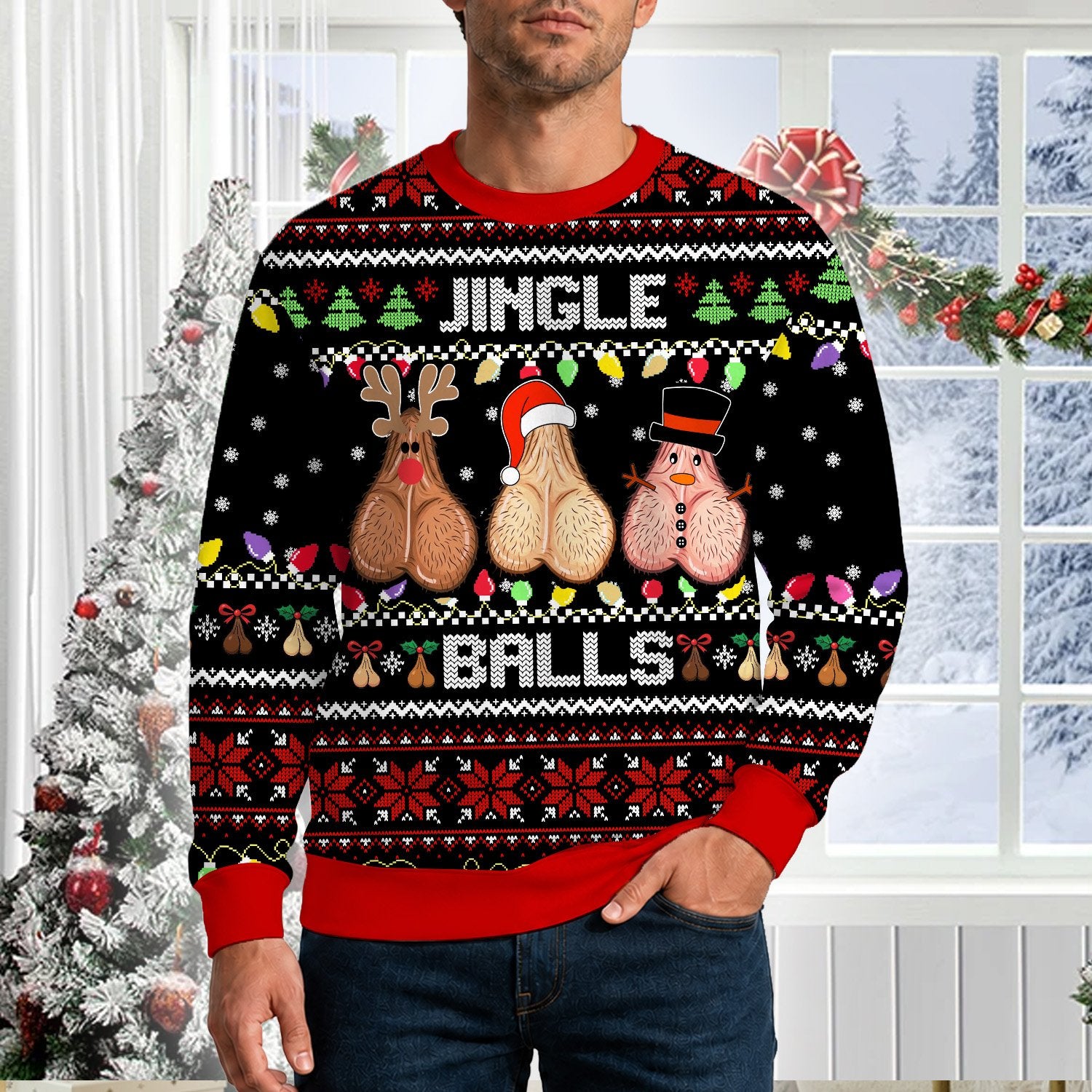 Fifth lifestyle view highlighting the festive holiday ugly sweater