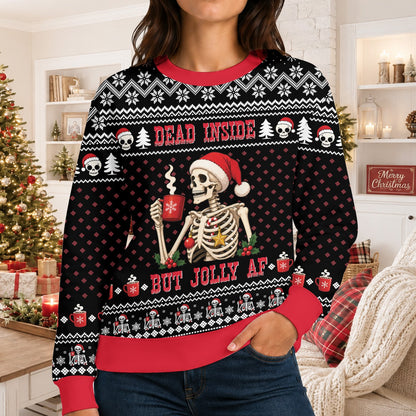 Lifestyle image of an adult wearing the Dead Inside But Jolly AF sweater