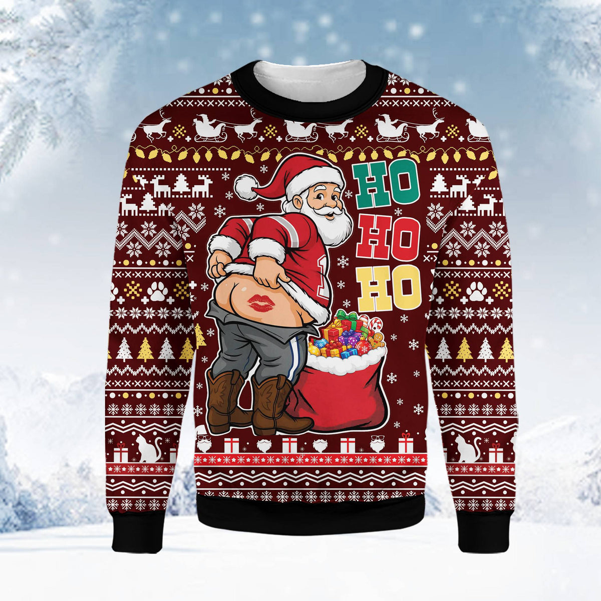 Alternate front view of maroon ugly Christmas sweater humor Santa kiss design