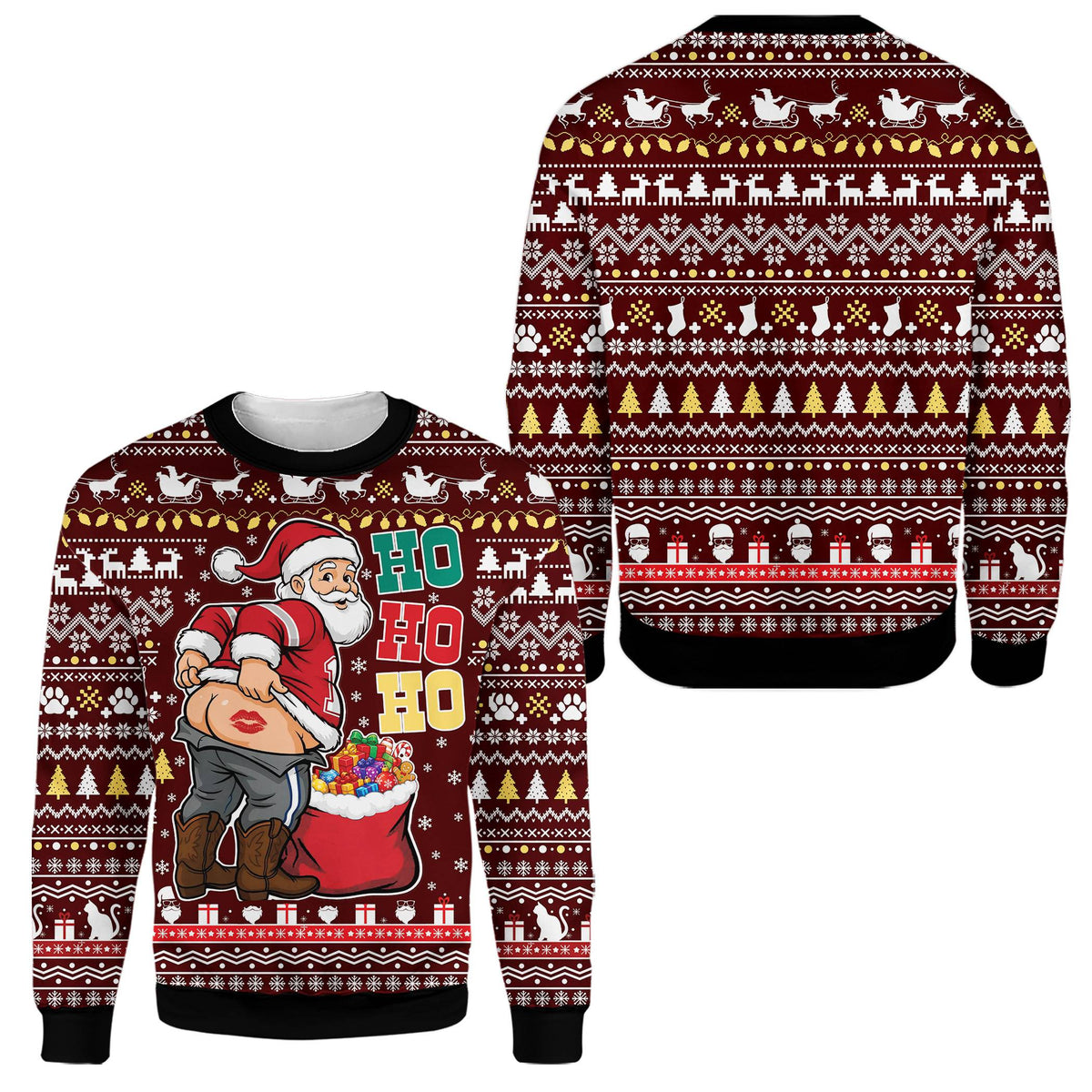 Close up front view of maroon ugly Christmas sweater humor Santa kiss design