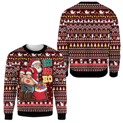 Close up front view of maroon ugly Christmas sweater humor Santa kiss design