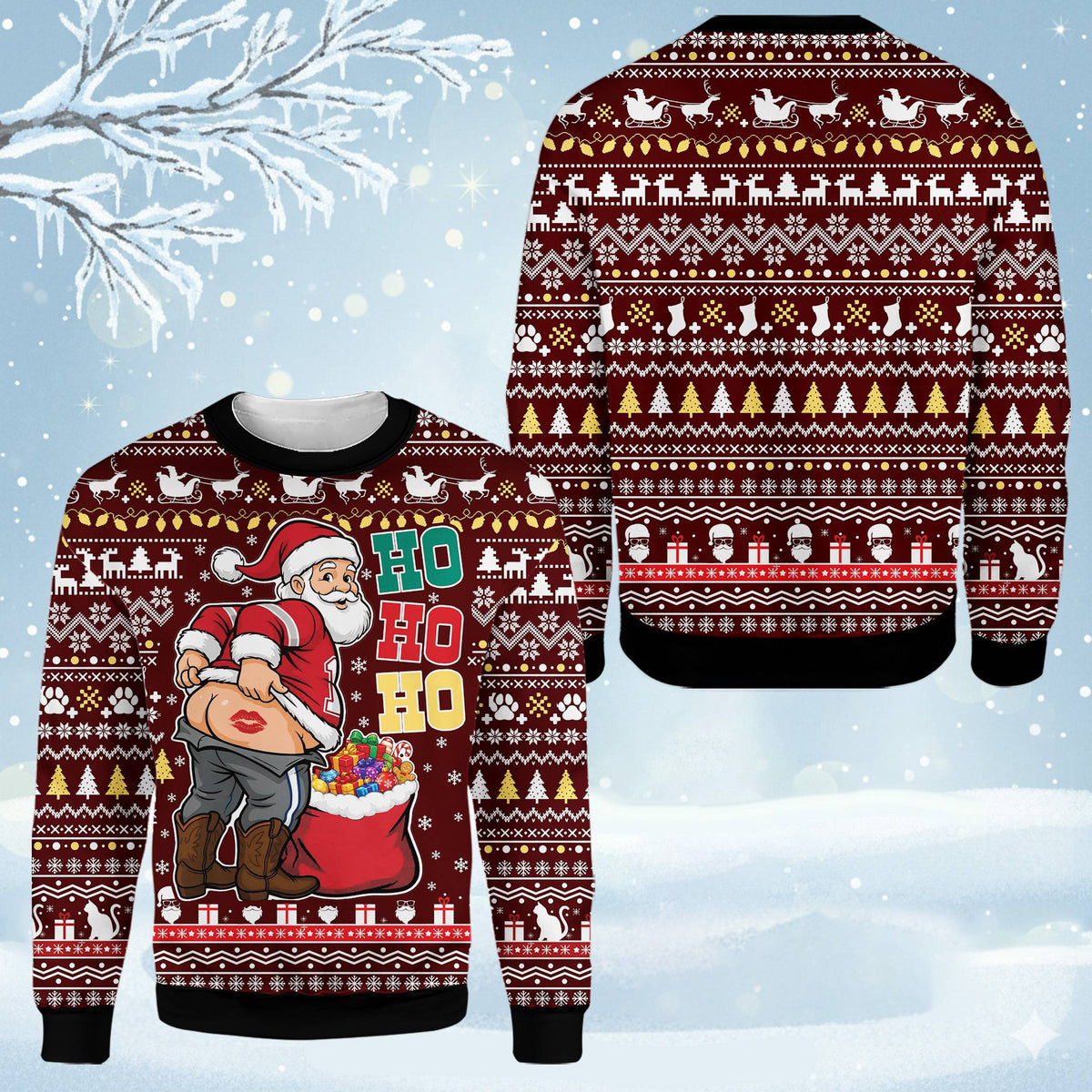 Detail front view of maroon ugly Christmas sweater humor Santa kiss design