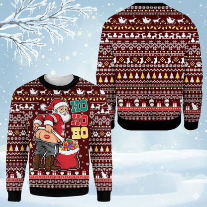Detail front view of maroon ugly Christmas sweater humor Santa kiss design