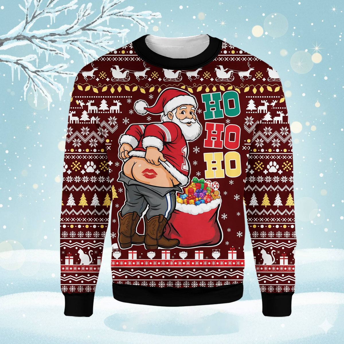 Front view of maroon ugly Christmas sweater humor Santa kiss design