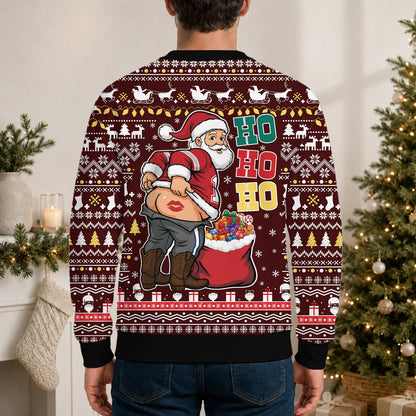 Alternate lifestyle view of someone wearing the maroon ugly Christmas sweater humor design