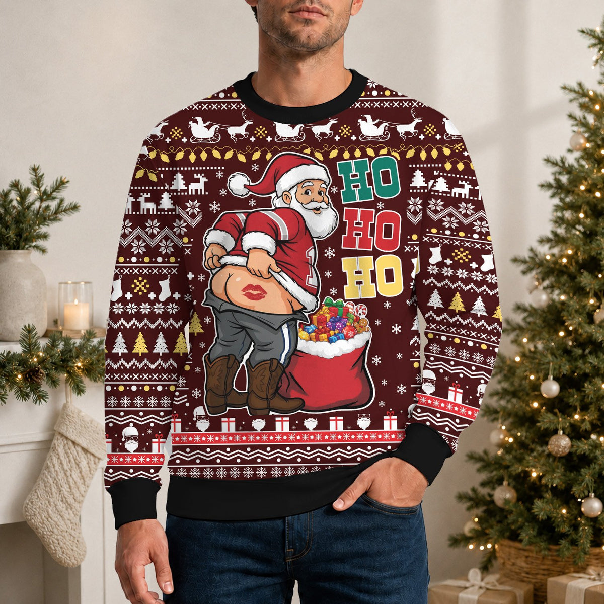 Lifestyle view of someone wearing the maroon ugly holiday sweater party adult humor design