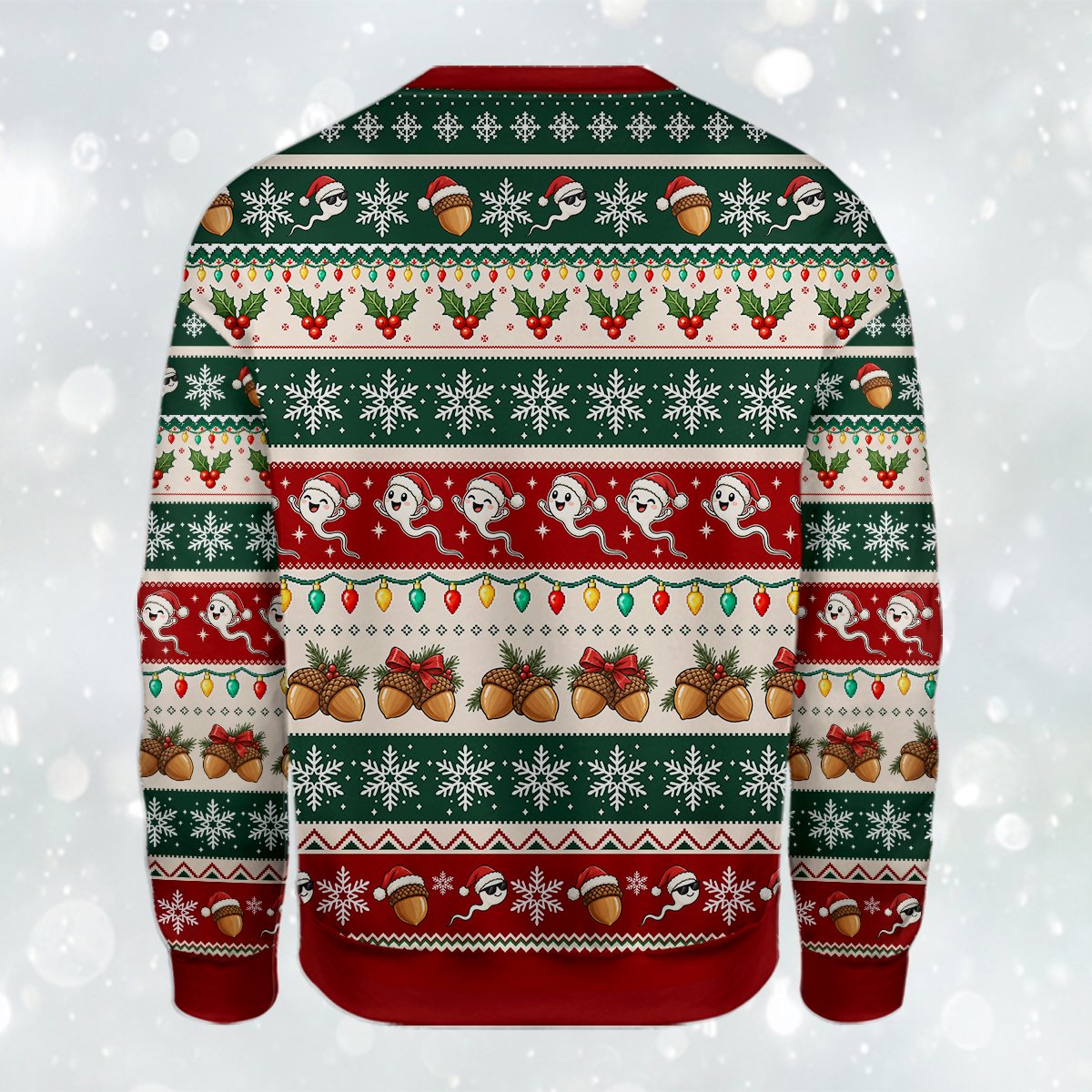 Detailed back view of the ugly sweater holiday design