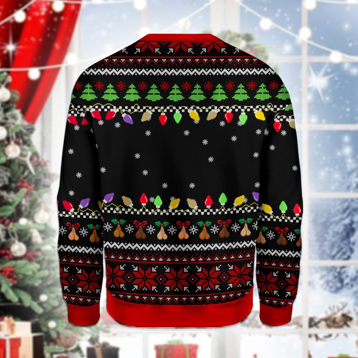Back view of the multicolor ugly holiday sweater