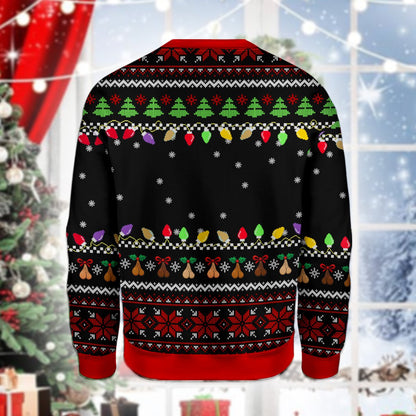 Back view of the multicolor ugly holiday sweater
