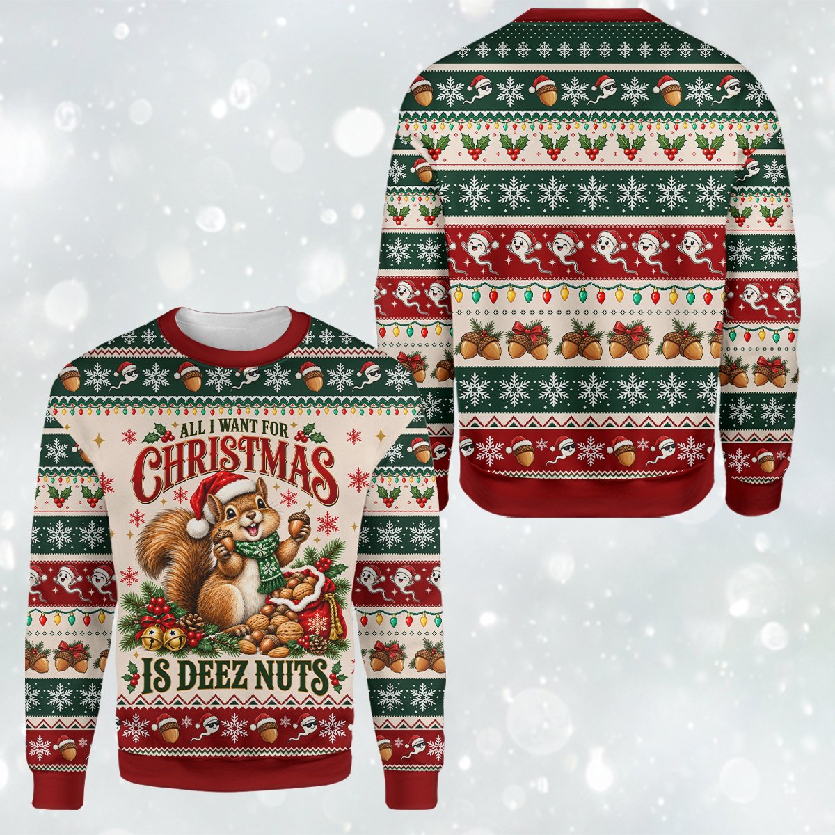 Close up front view of squirrel and holiday patterns on the ugly sweater