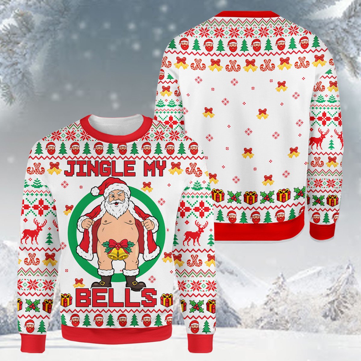 Front view of the adult humor ugly sweater in multicolor holiday pattern