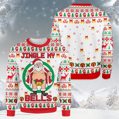 Front view of the adult humor ugly sweater in multicolor holiday pattern